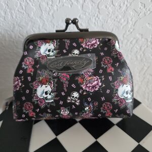 NWT Ed Hardy Black and Pink Skull Floral Coin Pouch